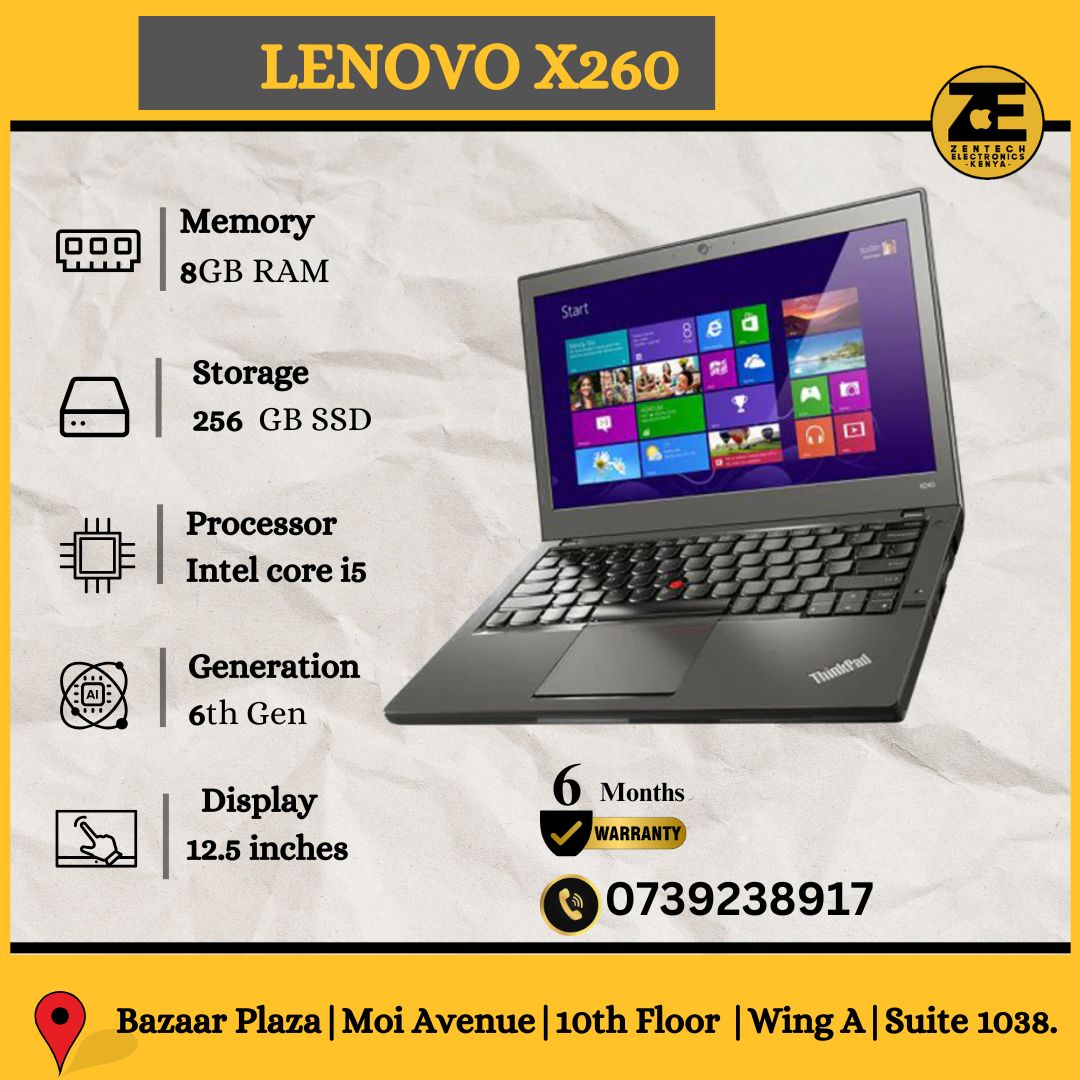 Lenovo Thinkpad X260 laptop with a 12.5 inch display, shown open and displaying Windows desktop screen, in black color.